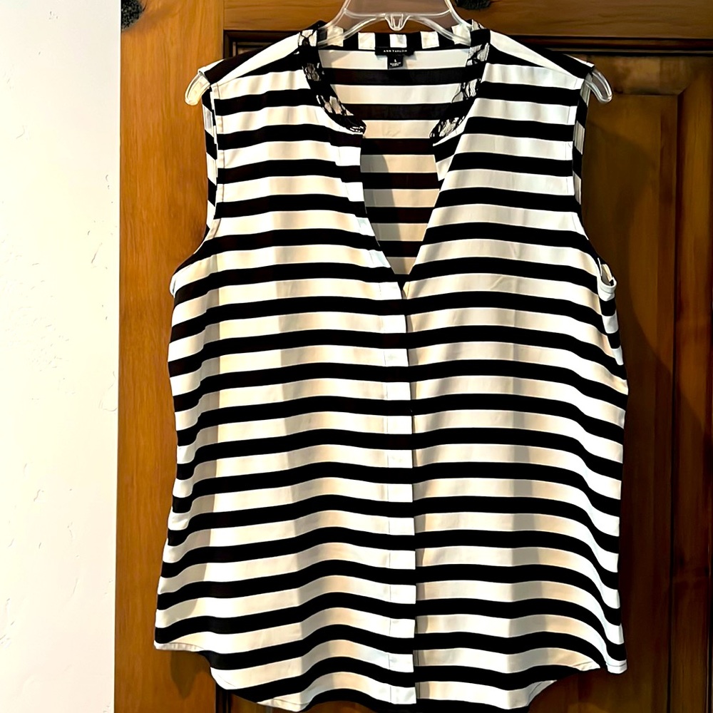 Ann Taylor, black and white top with lace trim on collar and hidden buttons